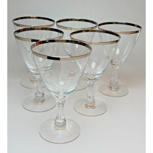 Vintage Set 6 Fostoria Crystal Wedding Ring Platinum Rim Water Goblet Glass Wine
